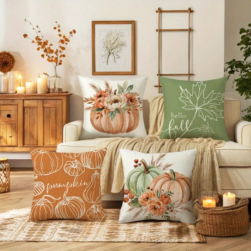 4PCS Fall Christian Throw Pillow Covers with Watercolor Pumpkin Maple Leaf Scripture Quotes for Autumn Home Decor