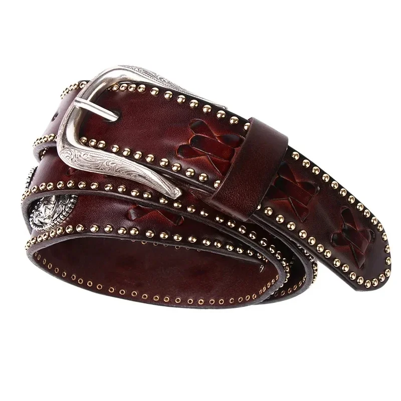 3.8CM METAL RIVET BELT LUXURY DESIGNER MEN'S PUNK COWHIDE LEATHER BELT