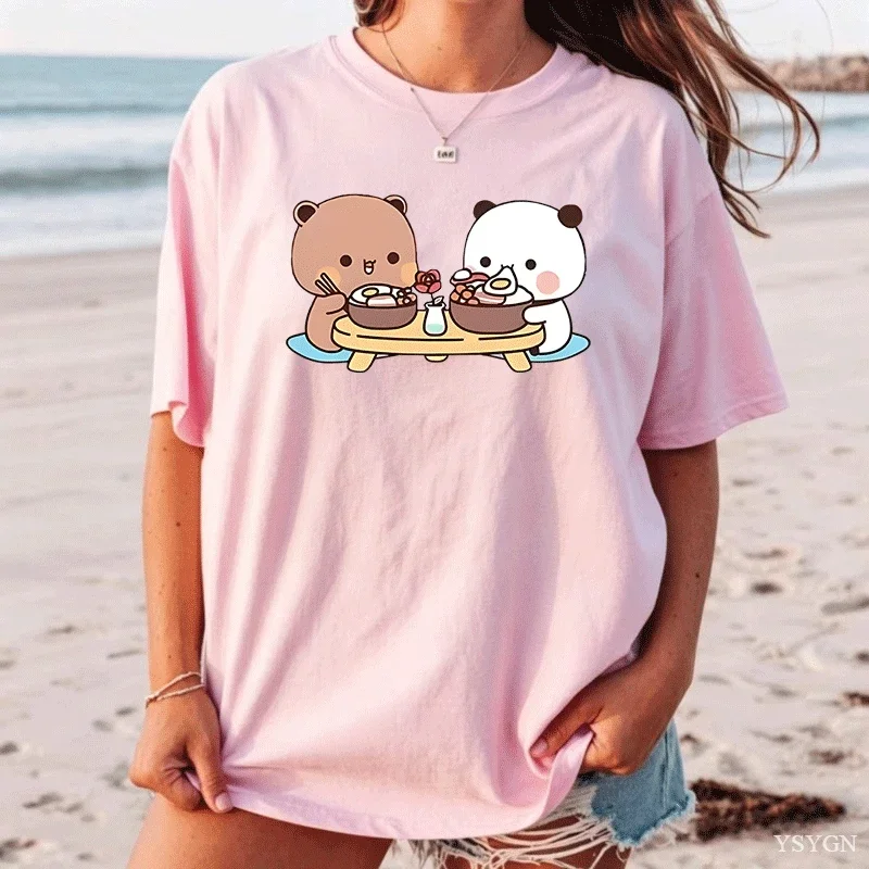 Women Cute Cartoon Bear Panda Dining Graphic T Shirt Loose Short Sleeve Animal Print Streetwear Tops for Ladies Daily Outfit