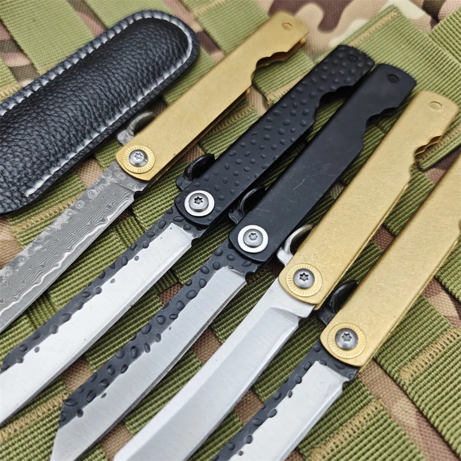 Folding Portable Knife Copper Handle Damascus Steel Blade Hunting Tactical Military Survival Outdoor Camping Utility Knife Tool