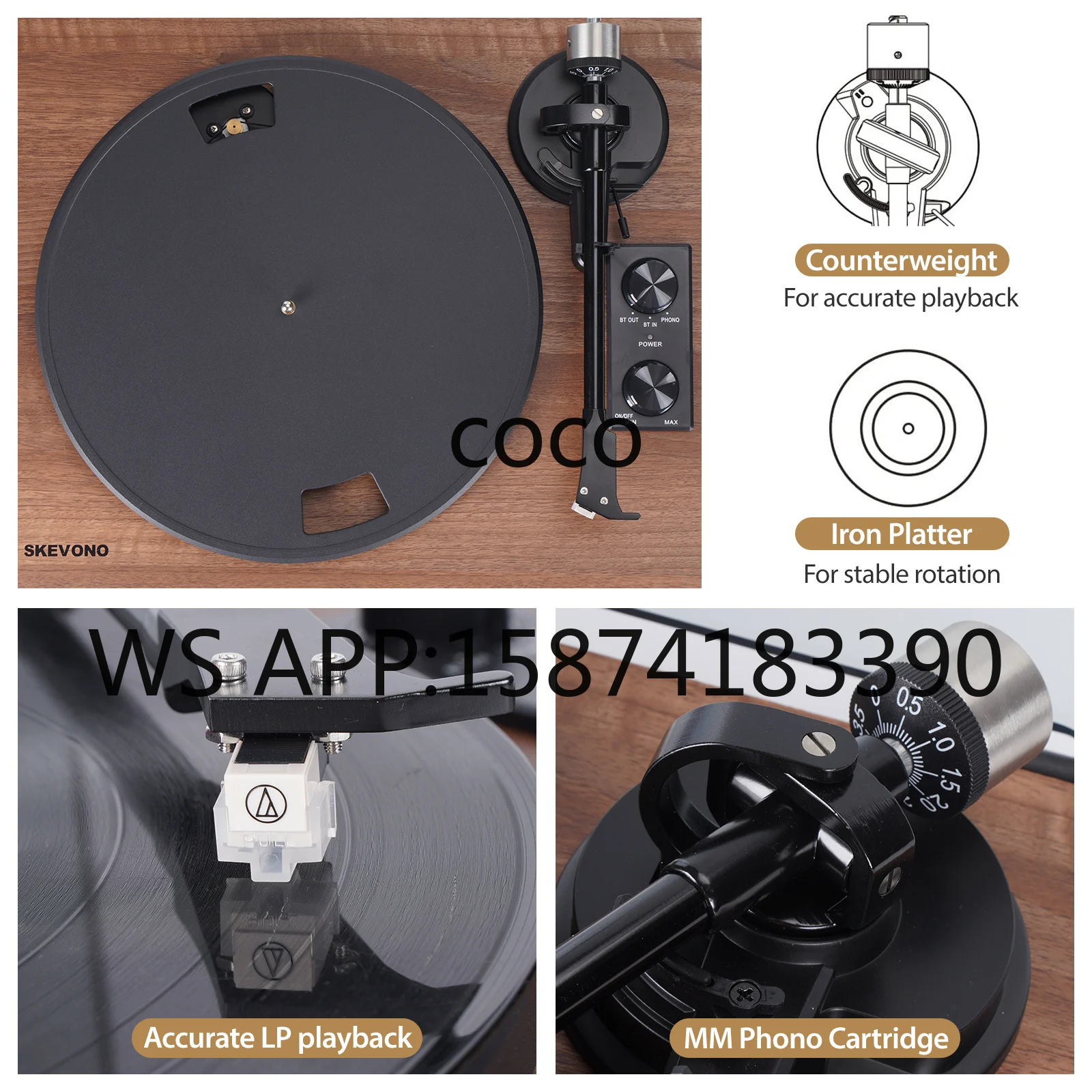 Wireless Bluetooth Vinyl Turntable Player, Built-in Phone Audio Streaming, Output to External HiFi Speakers