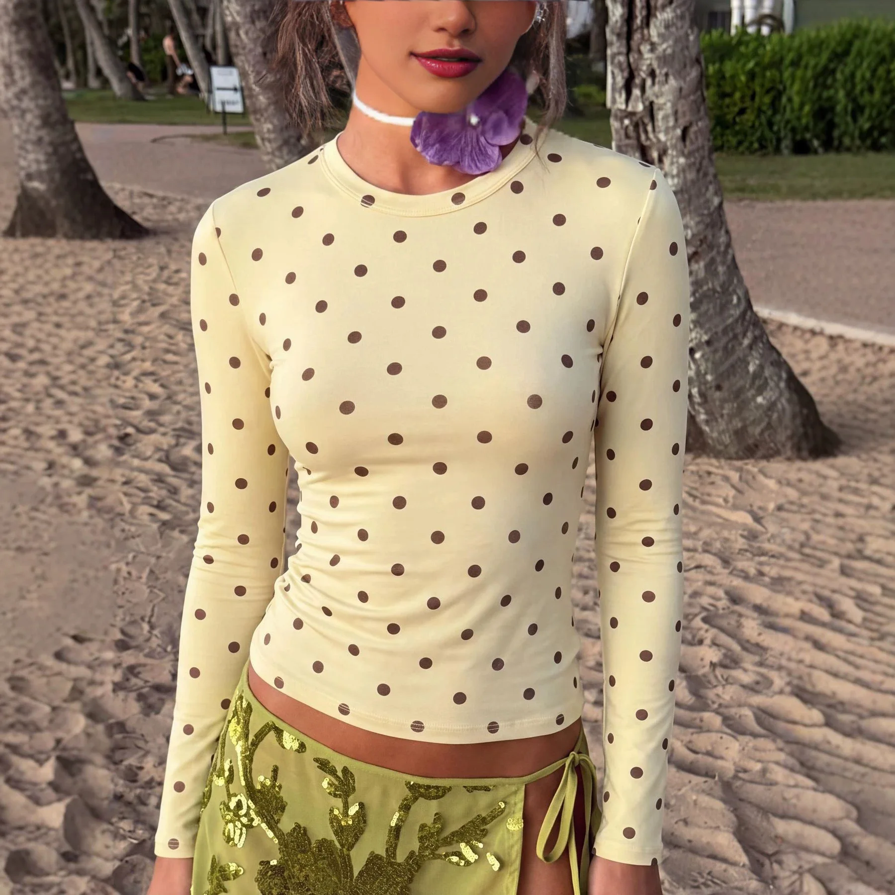 Women's Spring Autumn Round Neck Polka-dot Printed Long-sleeved T-shirt