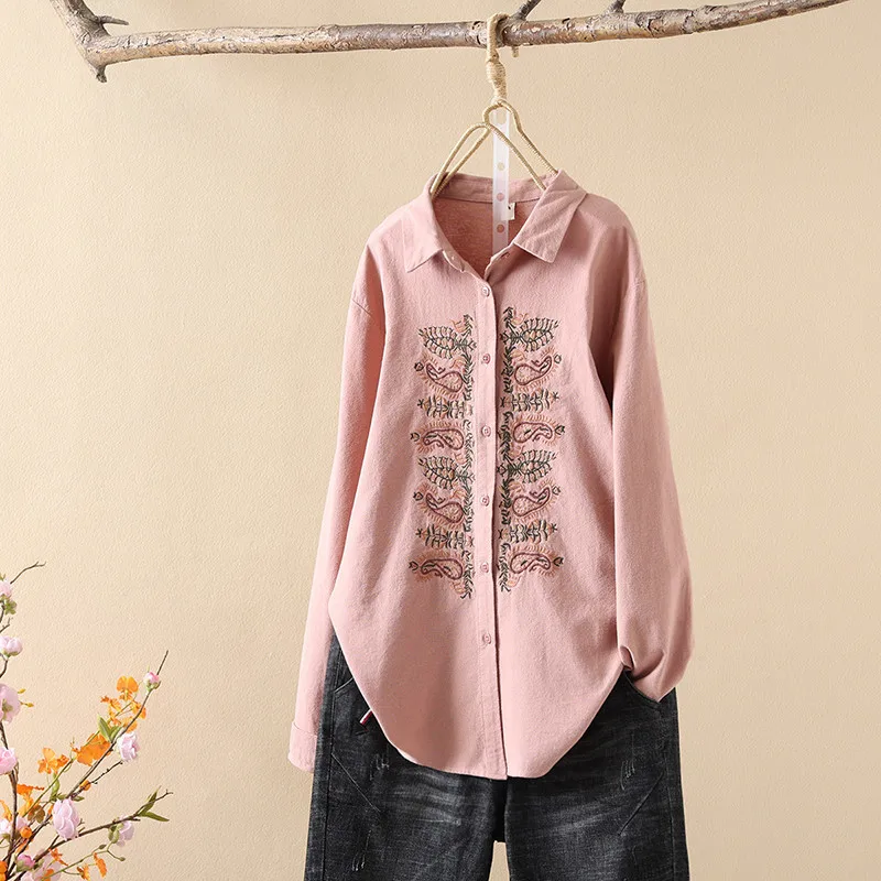 New Spring Cotton Embroidery Shirt Women Lapel Long Sleeve Literature Tops Girl Retro Ethnic Style Blouse 2024 Autumn T44139QC