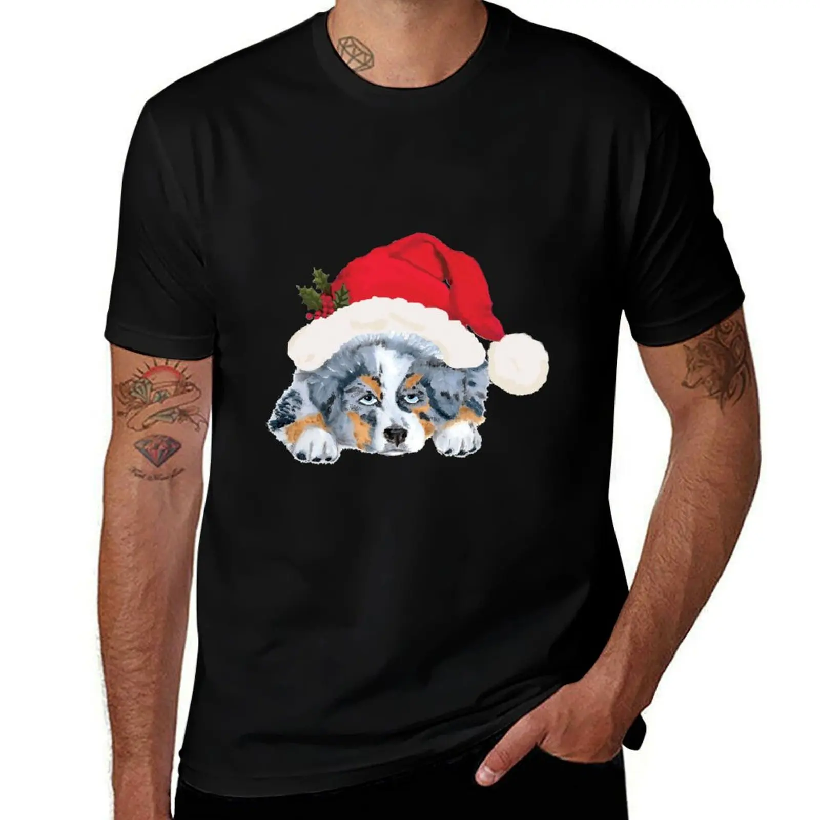

Blue Merle Aussie Christmas Puppy T-Shirt man t shirts for men t shirts cotton 100% T-Shirt