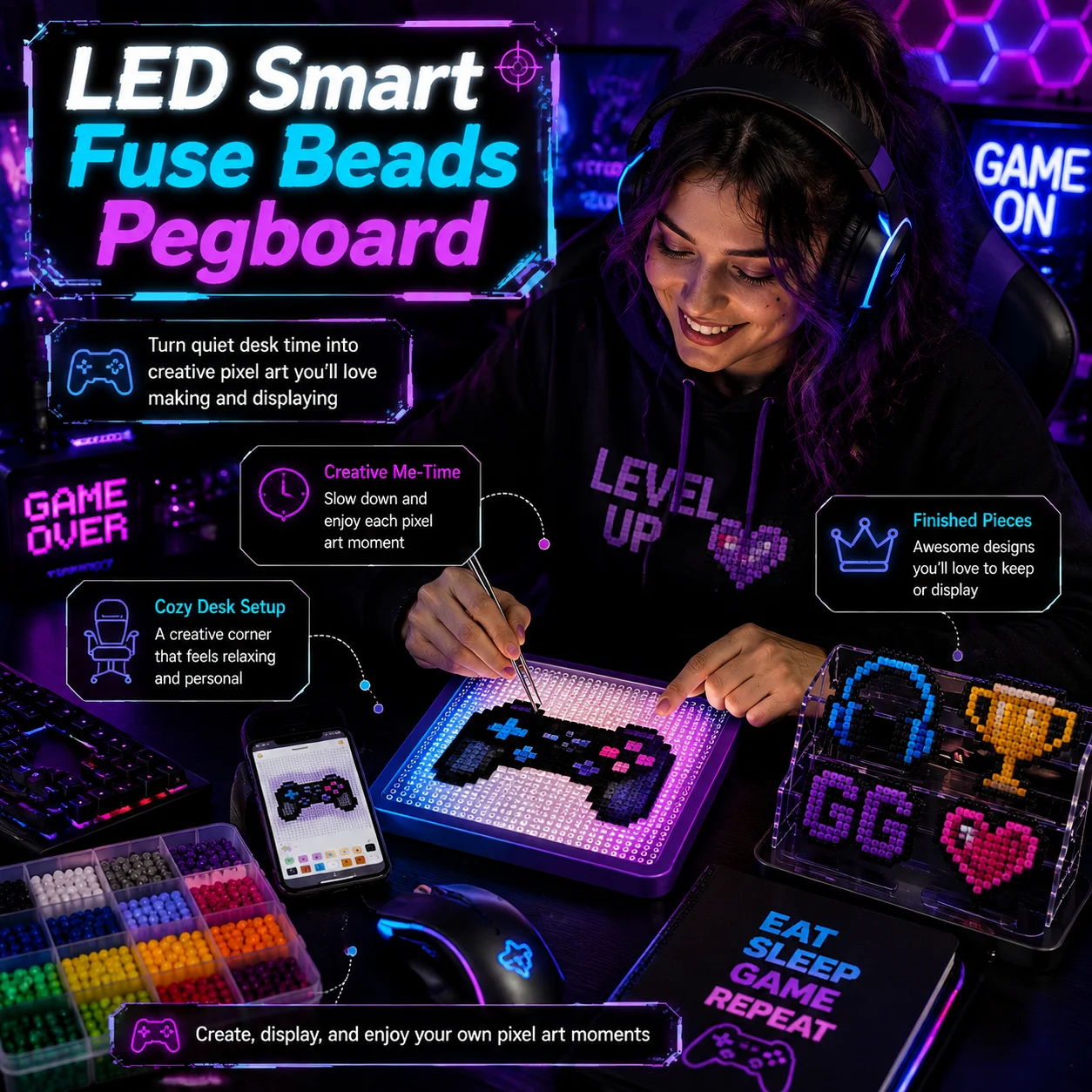 Smart LED Pixel Art Board Fuse Bead Display Panel APP Control DIY Decorative Indicator Light