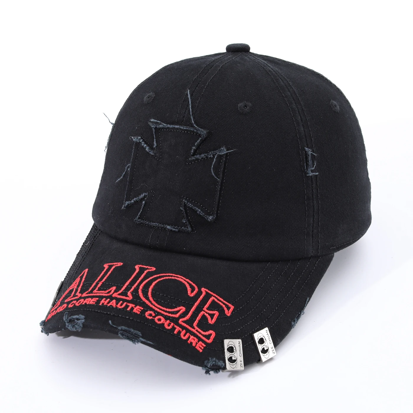 American Distressed Embroidery Cross-Letter 'ALICE' with Steel Patch Holes Baseball Cap Hip-Hop Street Dance Performance