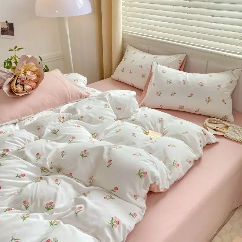 

Romantic Tulip Pink Bedding Set Bed Flat Sheet Pillowcase Twin Full Queen Princess Style Bed Linen Kids Girls Floral Duvet Cover