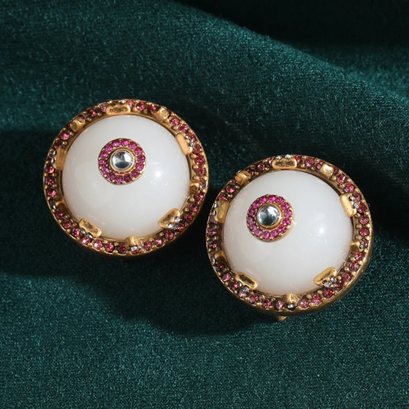 

Vintage White Jade Pink Earrings Stud Rhinestone Round Luxury Brand Jewelry Designers Gold Color Woman Party Accessories 2025