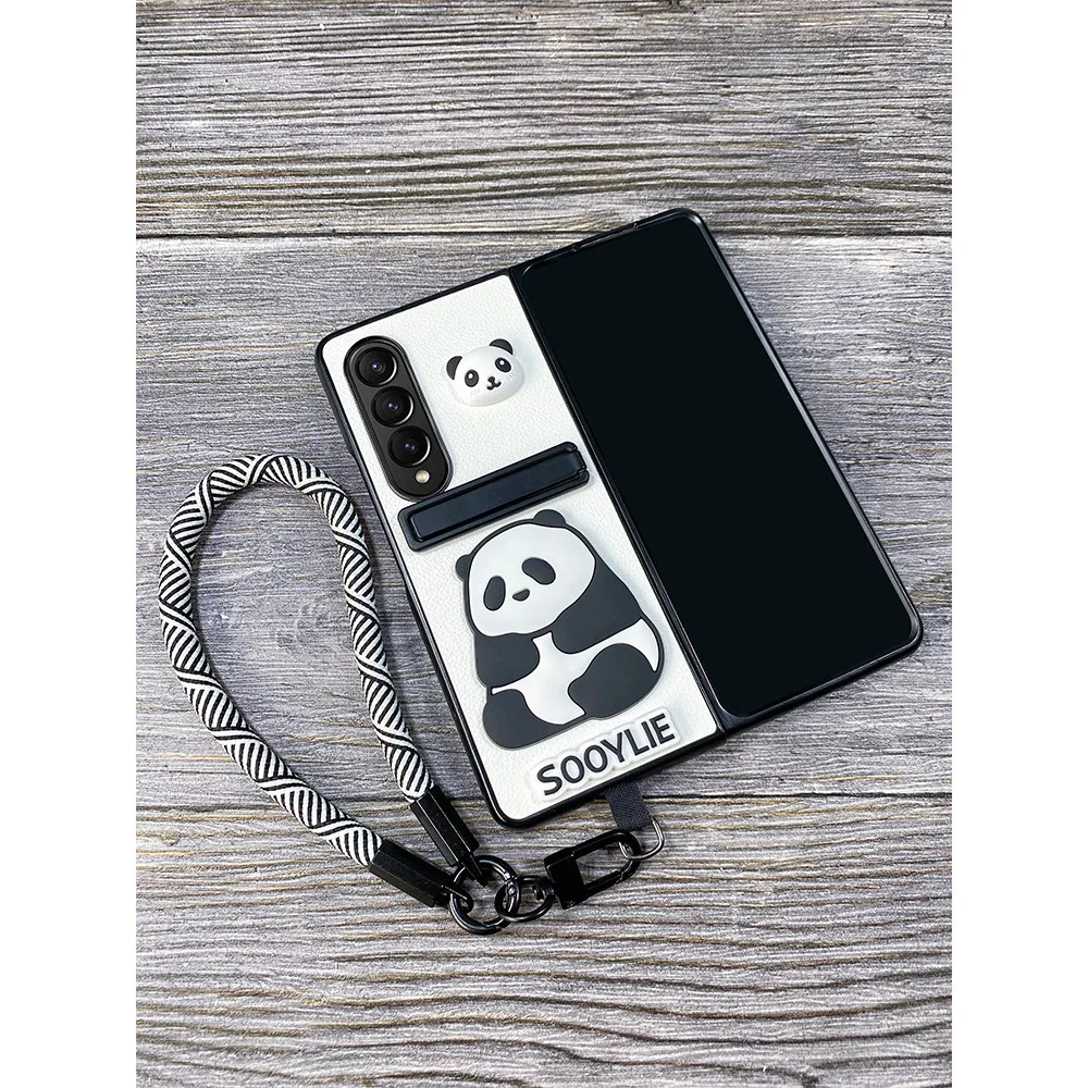 

For Samsung Galaxy Z Fold 6 5 4 3 2 5G Fashion Metal Stand Holder Cute Cartoon Panda Leather Case Cover With Portable Hand Strap