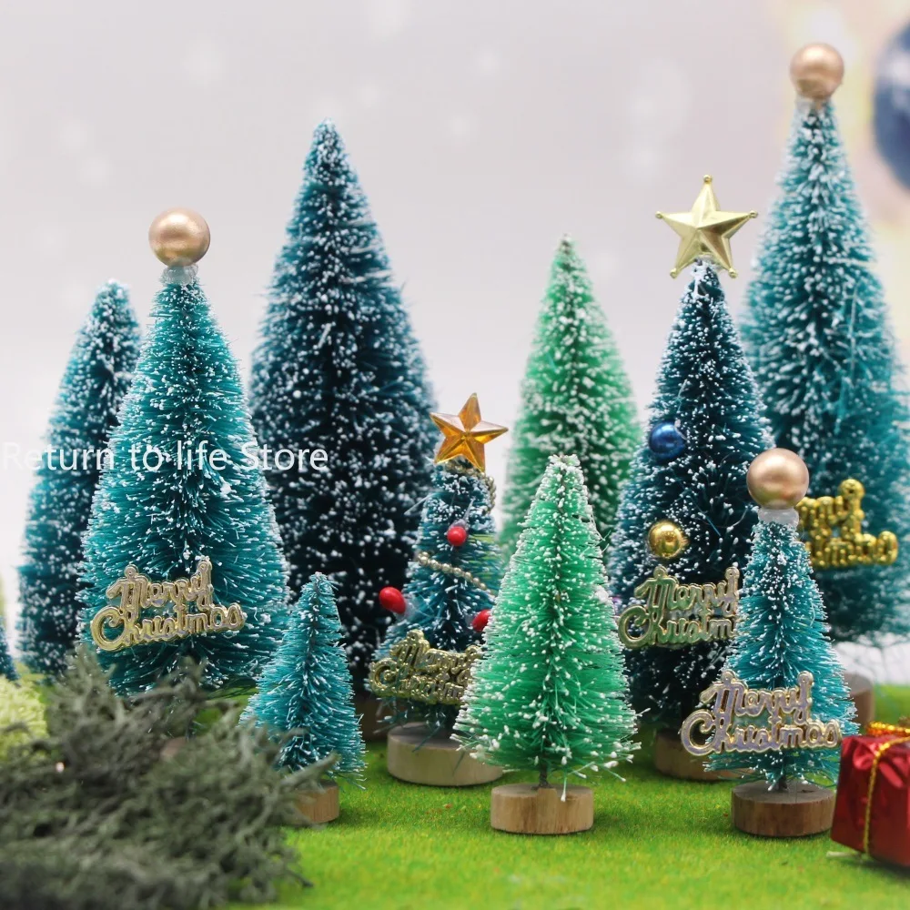 Artificial Mini Wooden Christmas Tree Figurines Miniatures Tower Pine Small Sisal Christmas Tree Tabletop Ornament Decor