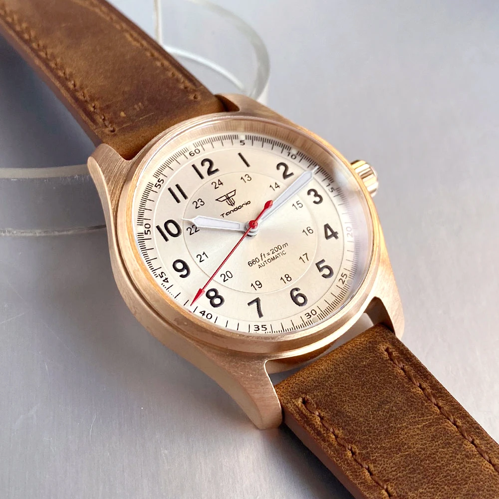Tandorio الطيار 39 مللي متر الصلبة Cusn8 البرونزية ساعة NH35 PT5000 200 متر مقاوم للماء مضيئة الغوص التلقائي ساعة رجالي الياقوت الزجاج #4