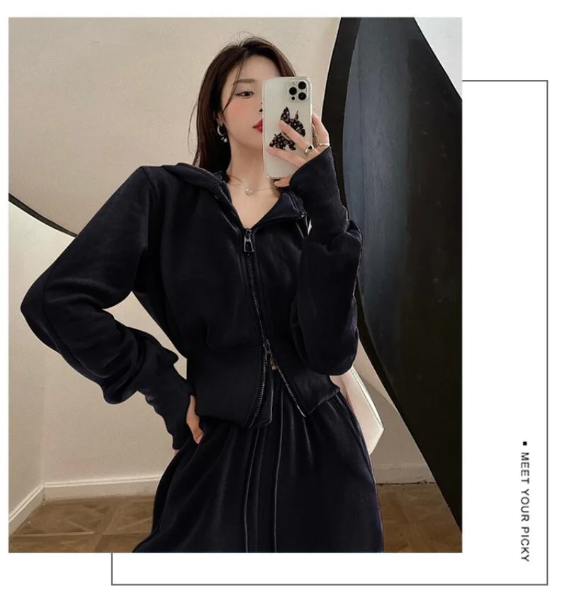 Spring Autumn Tracksuit Women Two Piece Set Korea Zip Up Hoodie Drawstring Sweatpants Casual Pants Solid Sportswear Suit Y2k