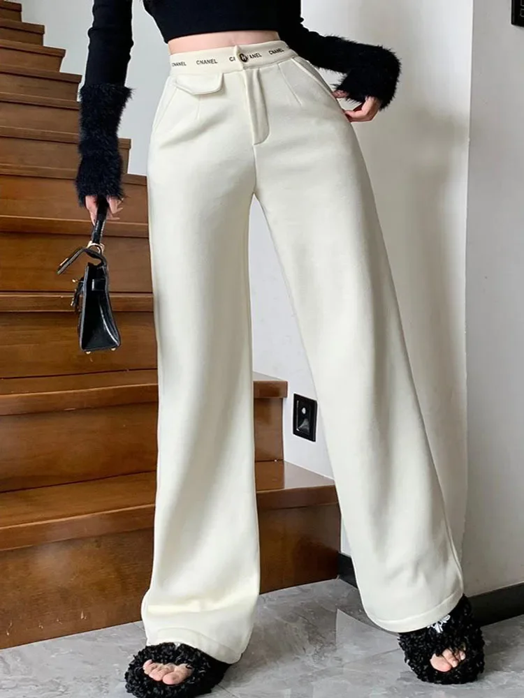 Women\'s Casual Contrast Spliced High Waist Pants Straight Black Pants Street Trendy Chic Loose Trousers Spring Autumn New