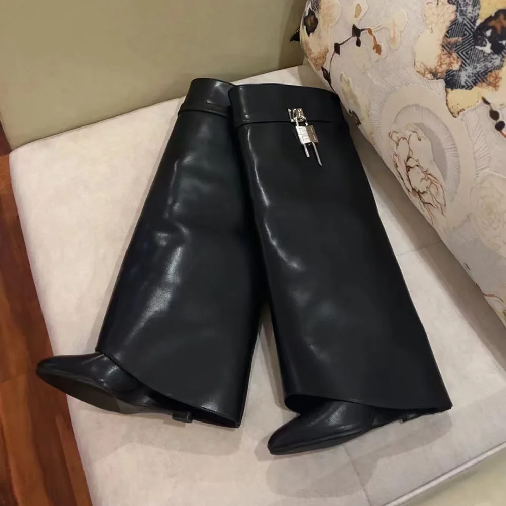 New Style Wide Barrel Foldable Shark Boots Almond Toe Ladies High Heeled Knee High Boots Trendy Large Size Women's Shoes