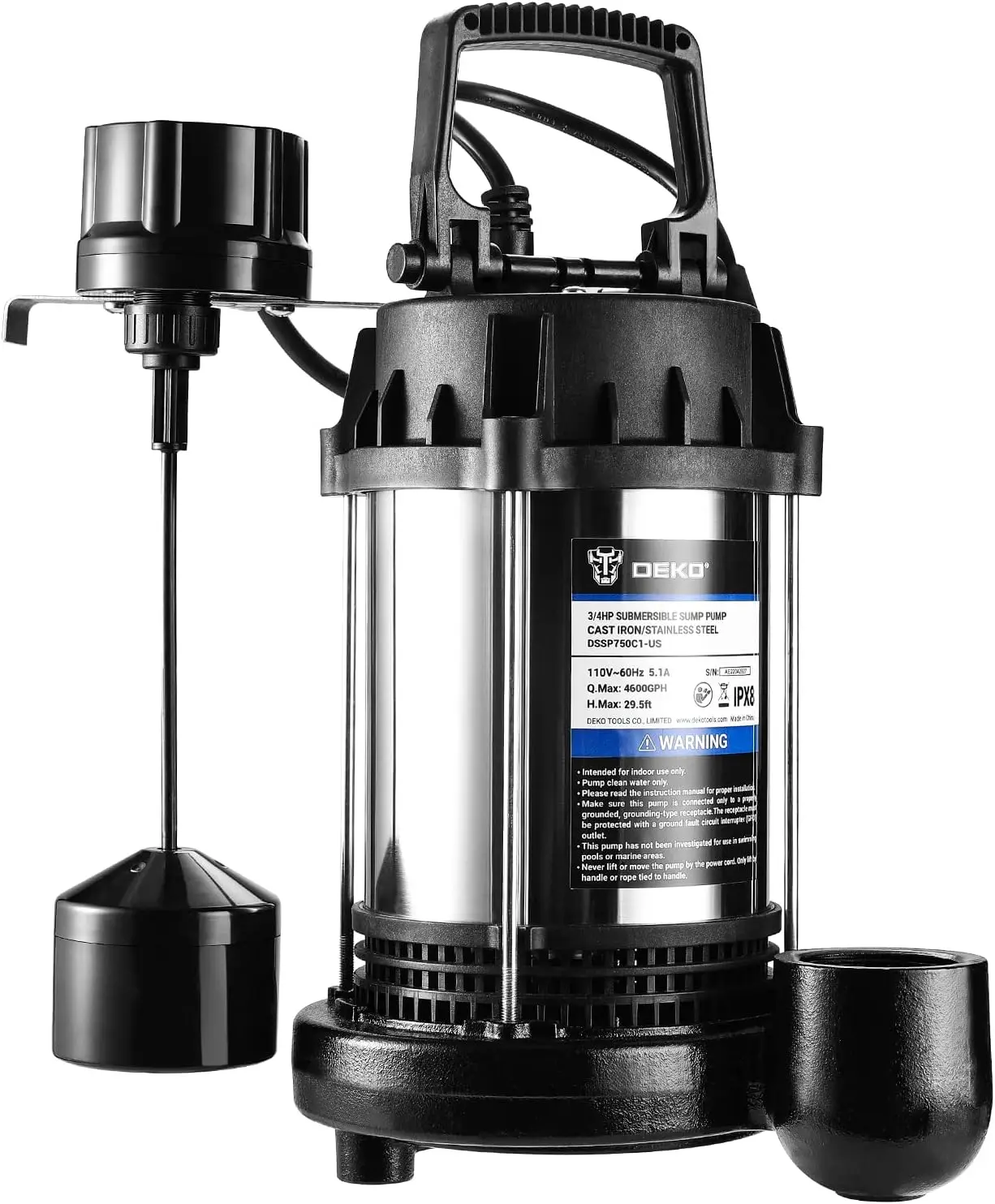 DEKO 3/4HP 4600GPH Sump Pump, Submersible Cast Iron and Stainless Steel Sump Pump with Integrated Vertical Float Switch