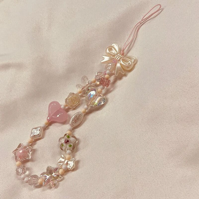 Koreanische Version des Lieblichen Rosa Kirschblüten-Liebesbogen-Perlen-Handykettchen-Taschenanhängers Schlüsselanhänger Rucksackanhänger Geschenk – Detail 5