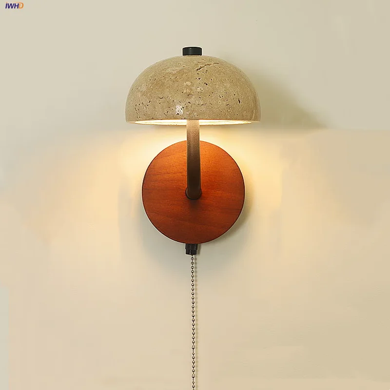 IWHD Vintage Style LED Wall Lamp Sconce Yellow Travertine Dining Room Study Pull Chain Switch Wood Bathroom Mirror Light Lampara