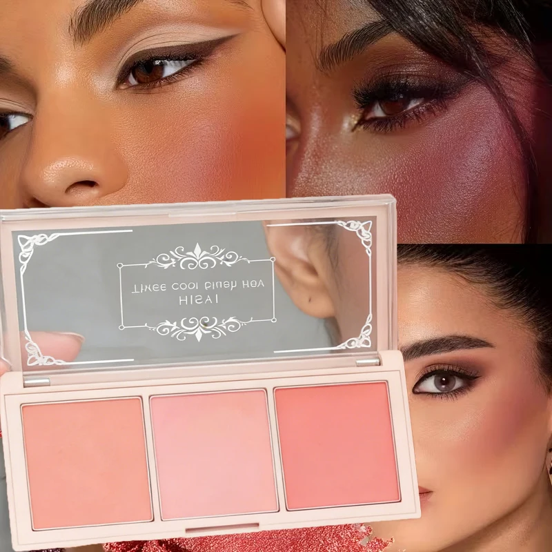 لوحة أحمر خدود مكونة من 3 ألوان - لمسة نهائية غير لامعة، ظلال باللون الأحمر والوردي الفاتح والبرتقالي، تركيبة مسحوق للمظهر الطبيعي #1