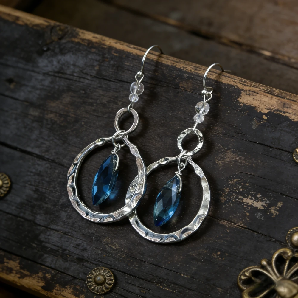 Vintage vintage bohemian hammer patterned ring blue crystal earrings with horse eye shaped zircon white crystal inlay for women'