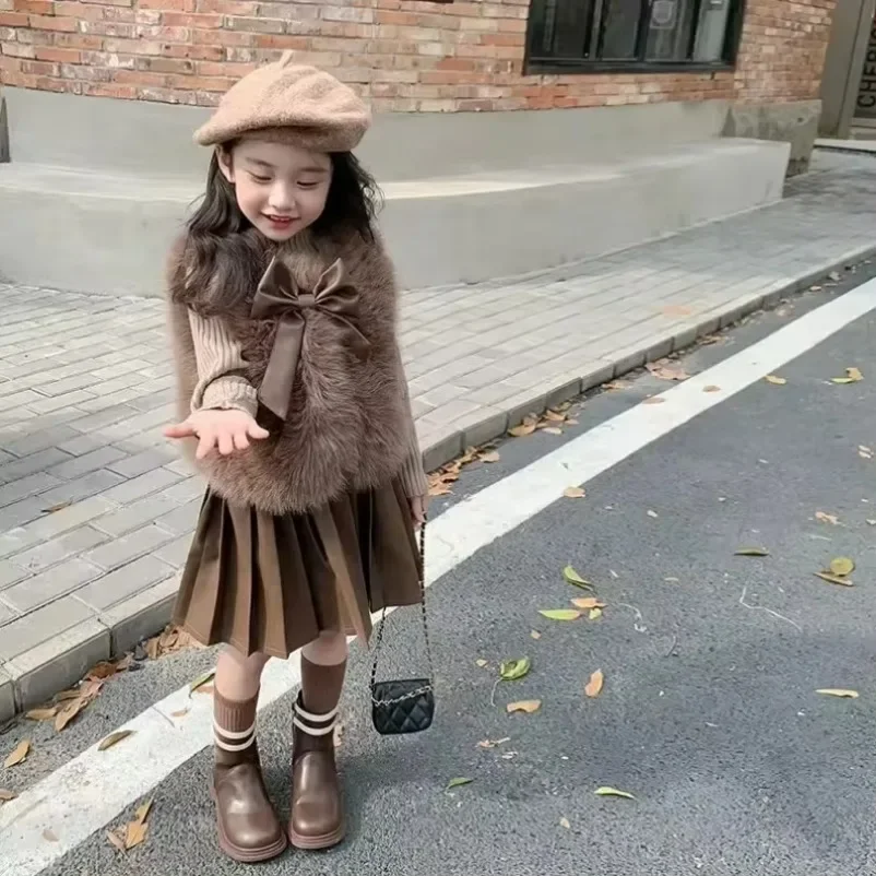 Kid Clothes Suit Korean Style The Girl Suit  Children  Fur Coat Coat Knitted Top Pleated Leather Fashion New Winter Skirt