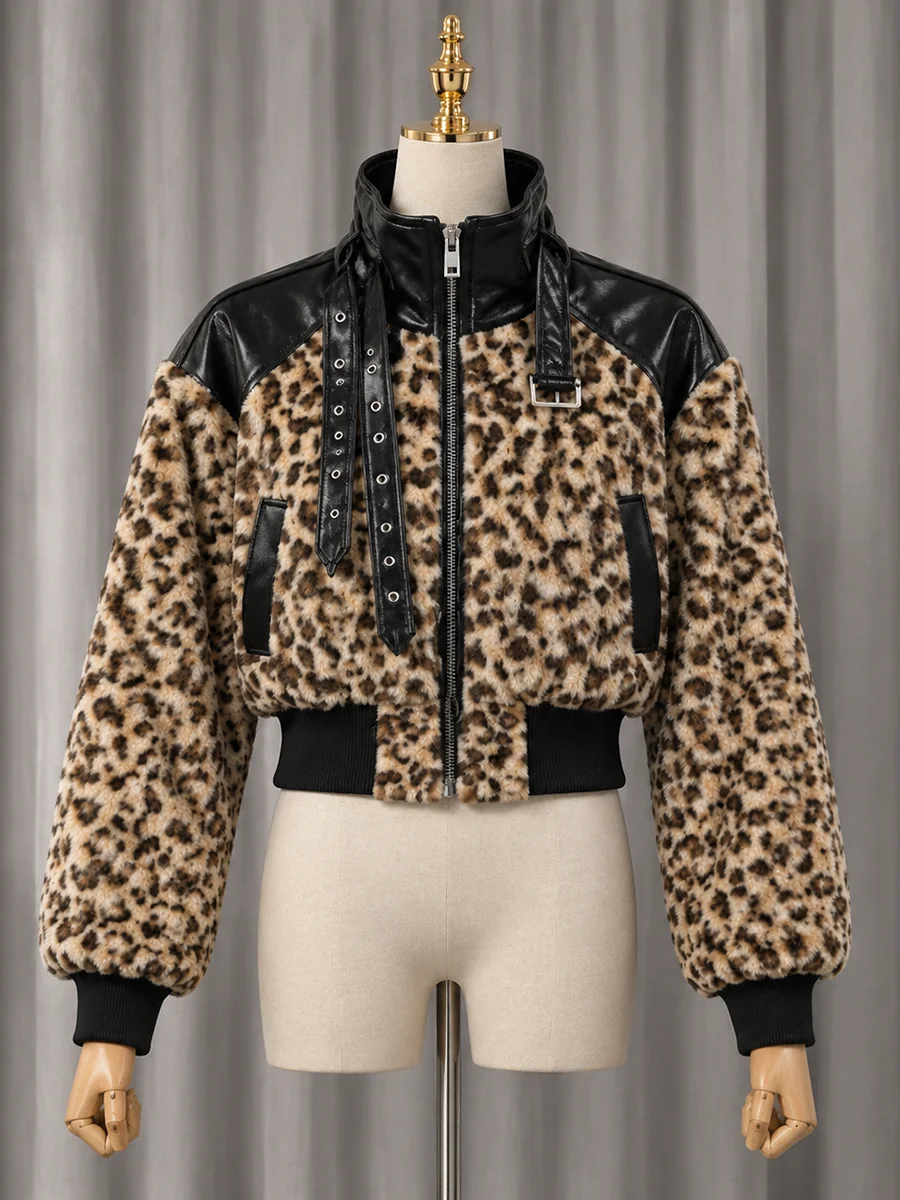 GALCAUR Leopard Print Spliced Fluffy Slimming Jacket for Women Stand Collar Long Sleeve Patchwork Zipper Pocket Jackets Female