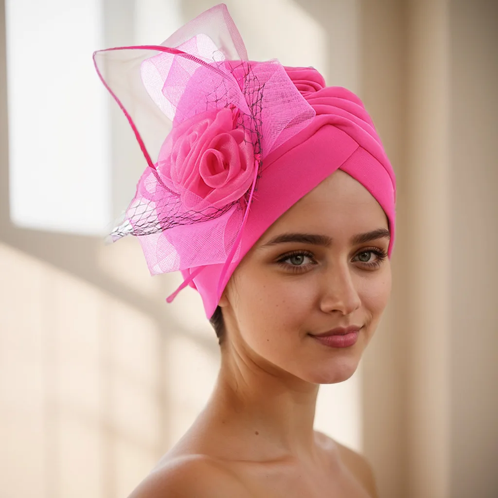 2024 Lastest Feather Flower Turban Bonnet for Women Muslim Headscarf Caps Wedding Party Headwear Turbante Mujer African Headtie