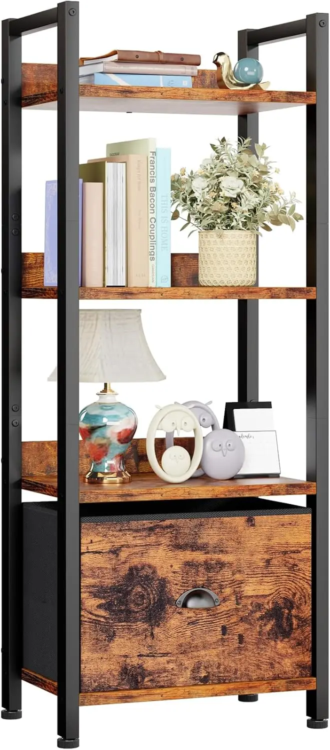 Furologee 4 Tier Bookshelf with Drawer, Tall Bookcase with Shelves, Narrow Bookshelves Storage Organizer, Wood and Metal Display Standing Shelf Unit for Bedroom, Living Room, Rustic Brown