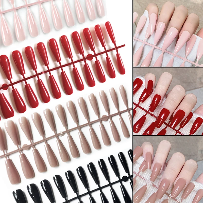 New 24pcs Red Fake Nails Press On Nail Tips Solid Color Long Round Coffin Removable Artificial Nails Manucure Matte Nail Tips