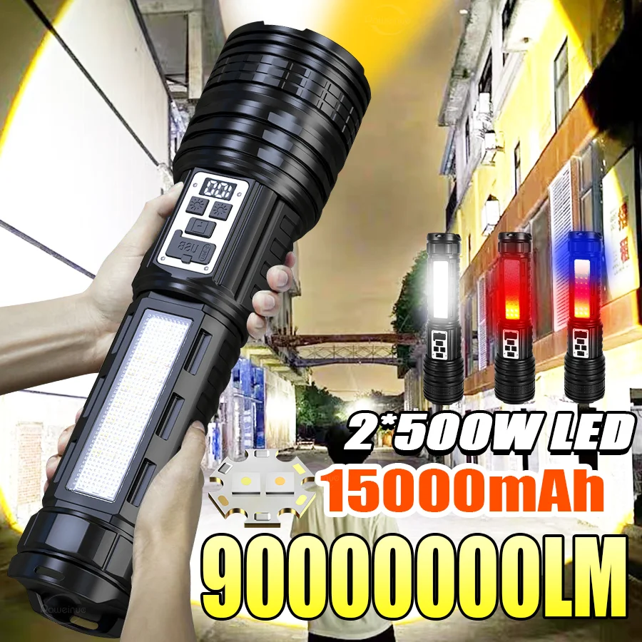 

2025 15000mAh Super Big Flashlight Rechargeable Most Strong LED Flash Light Long Range Torch Zoom Outdoor Digital Power Display