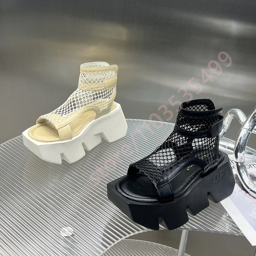 

2026 Mesh Cutout Platform Sandals Women Adjustable Buckle Ankle Strap Geometric Chunky Sole Open Toe Streetwear Summer Shoes
