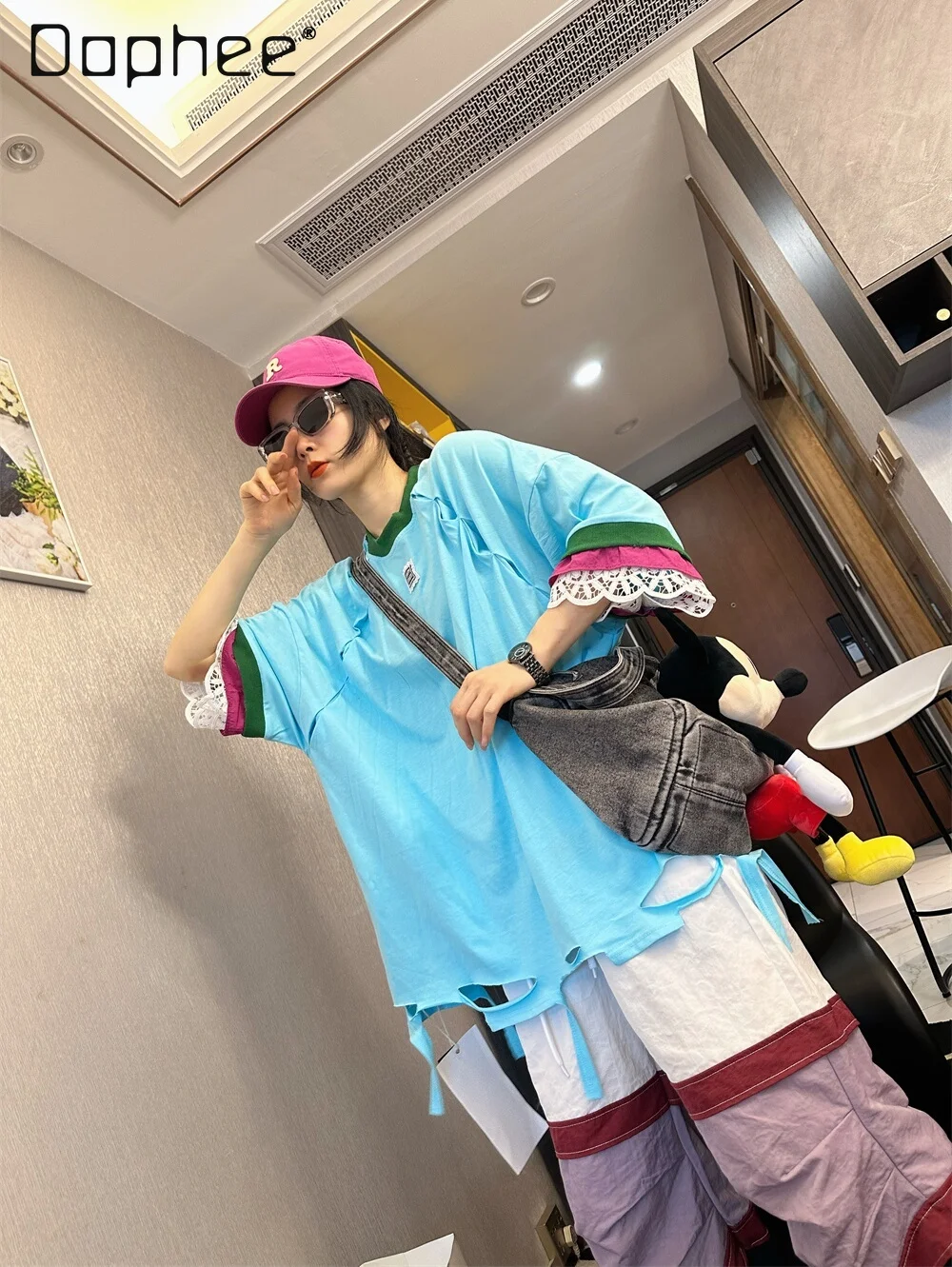 

Light Blue Lace Stitching Short Sleeve T-shirt Women 2026 Summer Mid-Length Versatile Loose Top Sweet Cotton Drop Sleeve Tee
