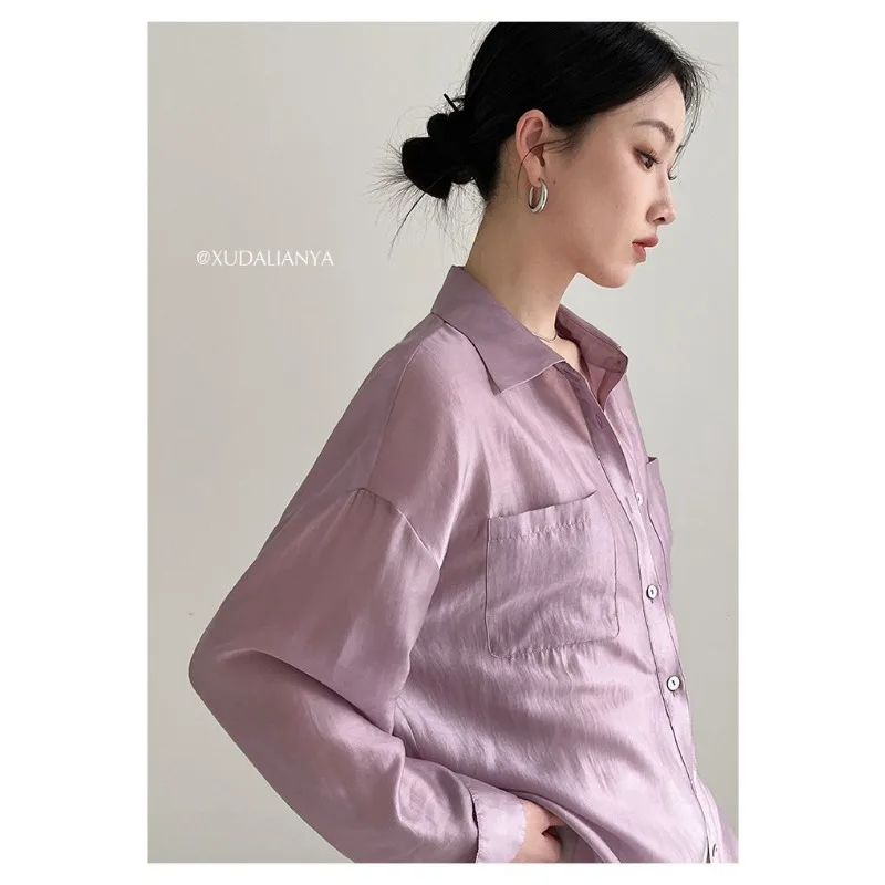 Camisas para mulheres 2025 nova versão coreana outono cor sólida drape camisa de proteção solar jaqueta fina temperamento topos para mulher