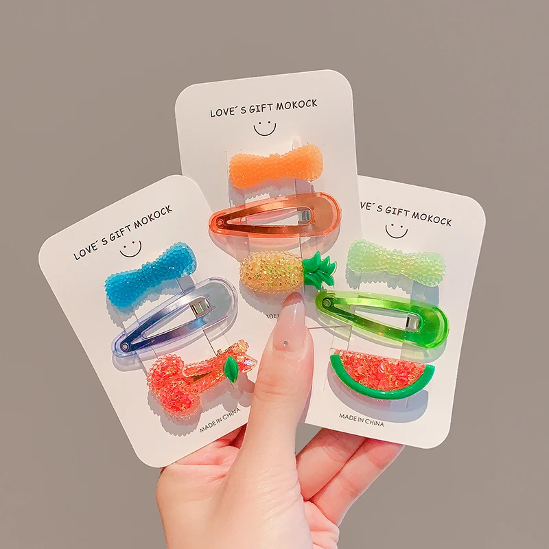 2026 New Kids Rhinestone Fruit Snap Hair Clips 3Pcs/set Candy Color BB Barrettes Sparkle Bead Bow Hair Pins for Toddler Girls
