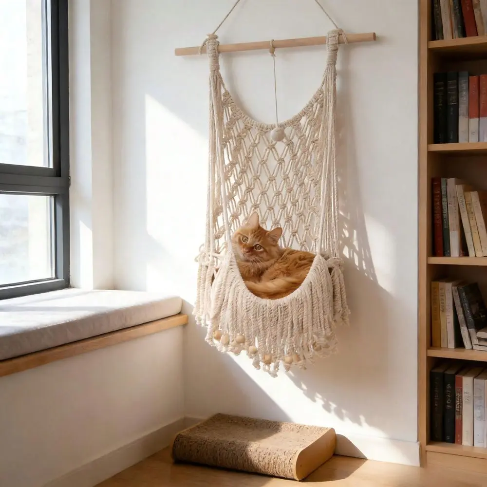 

Macrame Cat Hammock, Bohemian Style Hanging Cat Bed, Reliable Wall Mounted Cat Scratching Post, Handwoven Fiber Art Cat Swing H