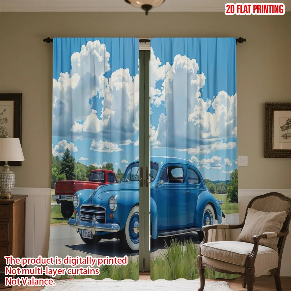 

2D flat printing 2pcs Drapes Classic Blue Car Journey Digital Printed Polyester Drapes Birthday Party Use for Classroom Office