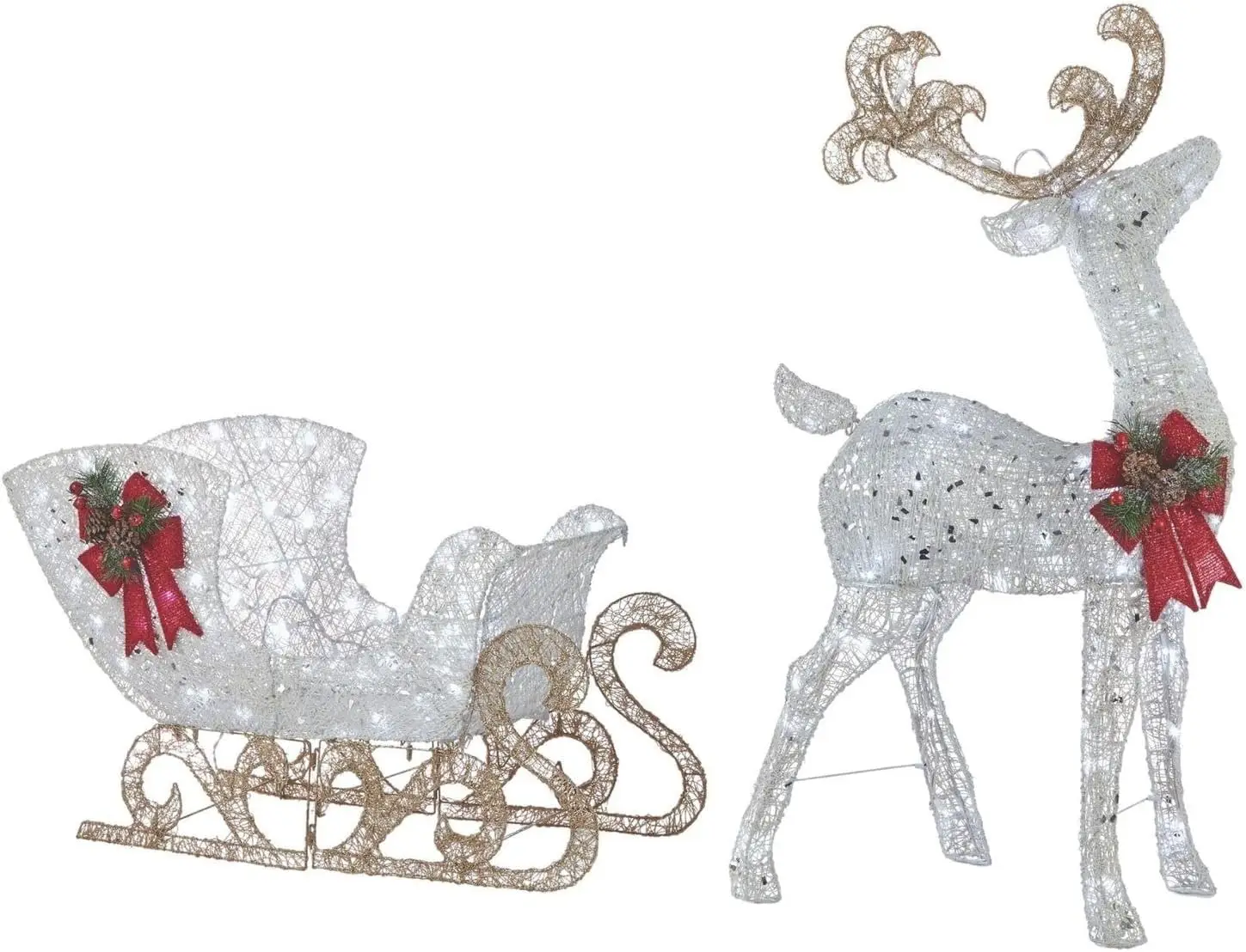 Pre-Lit Metal Reindeer and Sleigh Christmas Decoration with Bright LED Lights, Outdoor Holiday Lawn Decoration, White with