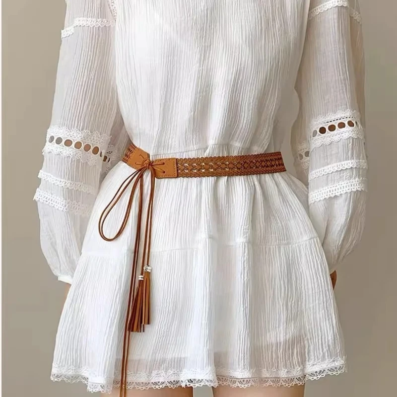 Fringe Accent Vintage Openwork Waist Cincher Waist-Defining Decorative Belt for Dresses Braided Bohemian Belt belt for women