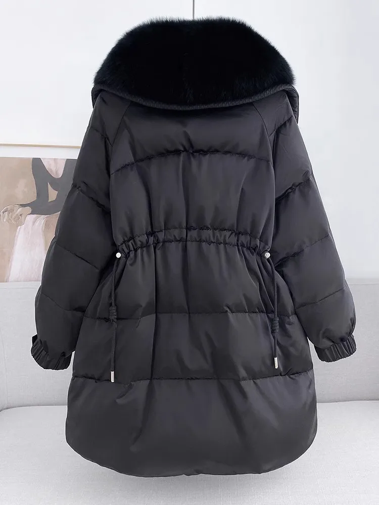 Winter Warm Coat Women\'s White Goose Down Down Jacket Fashion Fox Big Fur Collar Design Drawstring Waist Sweet Women\'s Coat