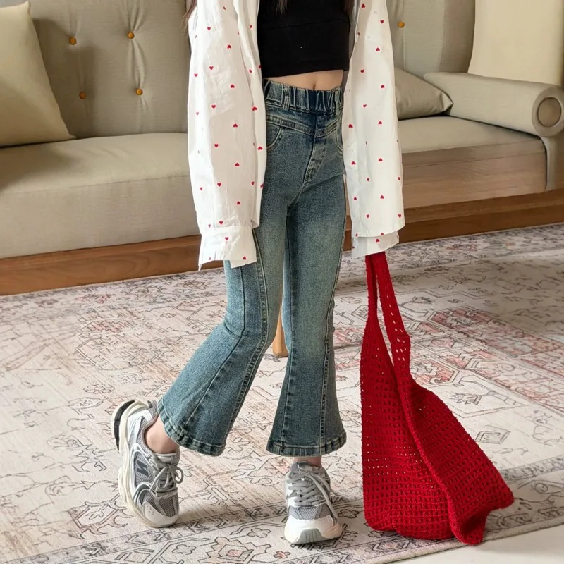 Girls' Spring Autumn Korean Style Spliced Denim Micro Flared Pants for Baby Girls, Distressed Flared Cropped Pants