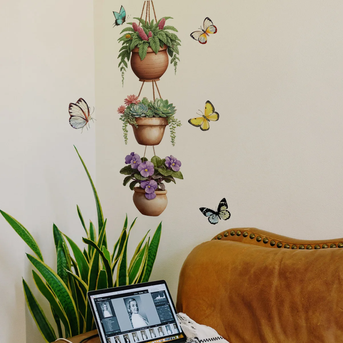 

New Flower Potted Plant Colored Butterfly Wall Sticker Background Self-adhesive Wall Sticker