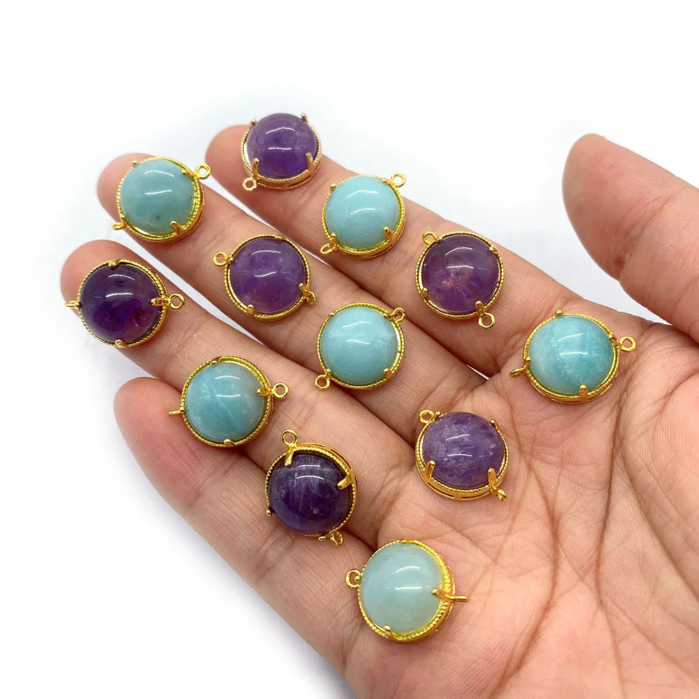 

Simple Natural Stone Amethyst Polished Round Amazonite Gold-Plated Edge Single-Hole Exquisite Pendant DIY Jewelry Accessories