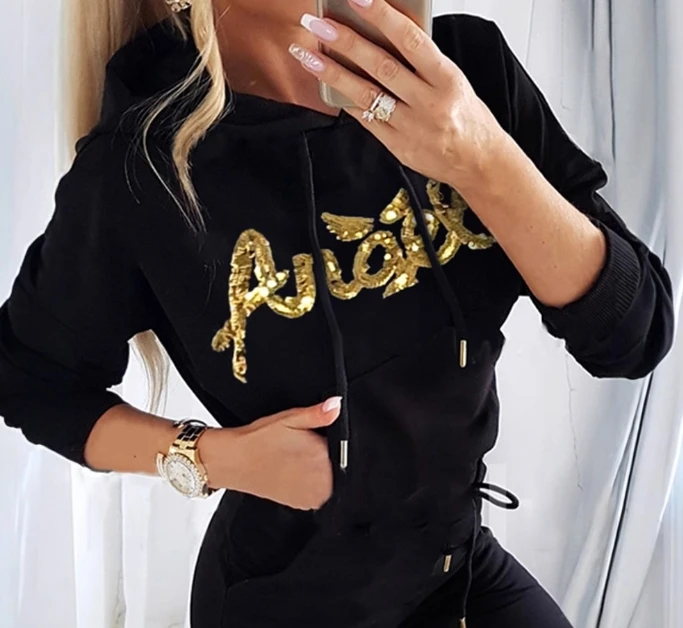 Women's Hooded Hollow Out Sequin Sports Hoodie & Pants Set Female Clothing Spring New Fashion Womens Casual Trousers Outfits