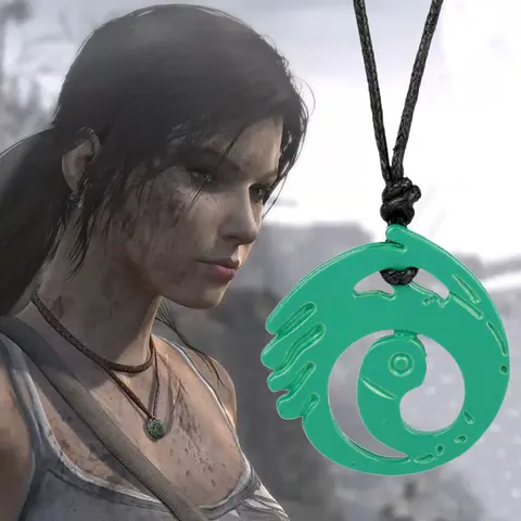 Game Cosplay Tomb and Raider Lara Croft Necklace Hollowed Green Pendant Neck Chain Jewelry Accessories for Gamer Fans Gifts