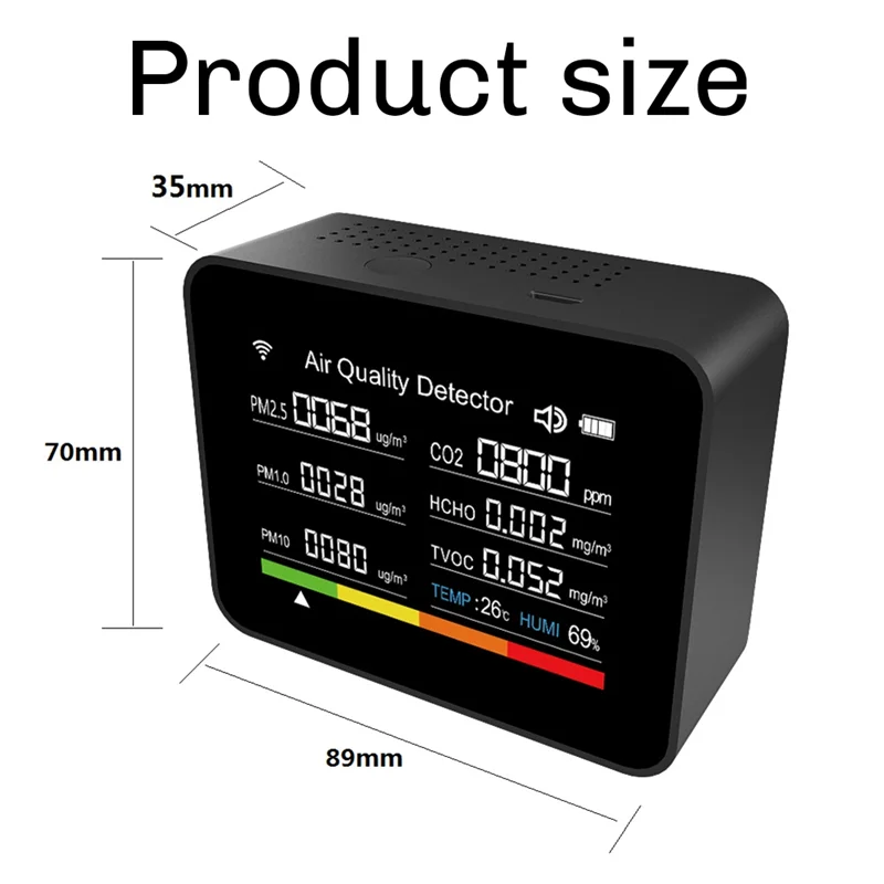 ABKN-Tuya WIFI Air Quality Tester 13-In-1 Black CO2/TVOC/HCHO/PM2.5/PM1.0/PM10/Temperature/Humidity/Date/Alarm/Stopwatch CO2 Met