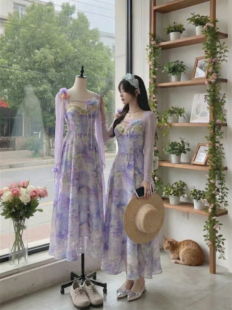 

French Vintage Elegant Princess 2 Piece Sets Women Summer Print Design Retro Beach Dress Suit Female Chic Korean Popular Clothes