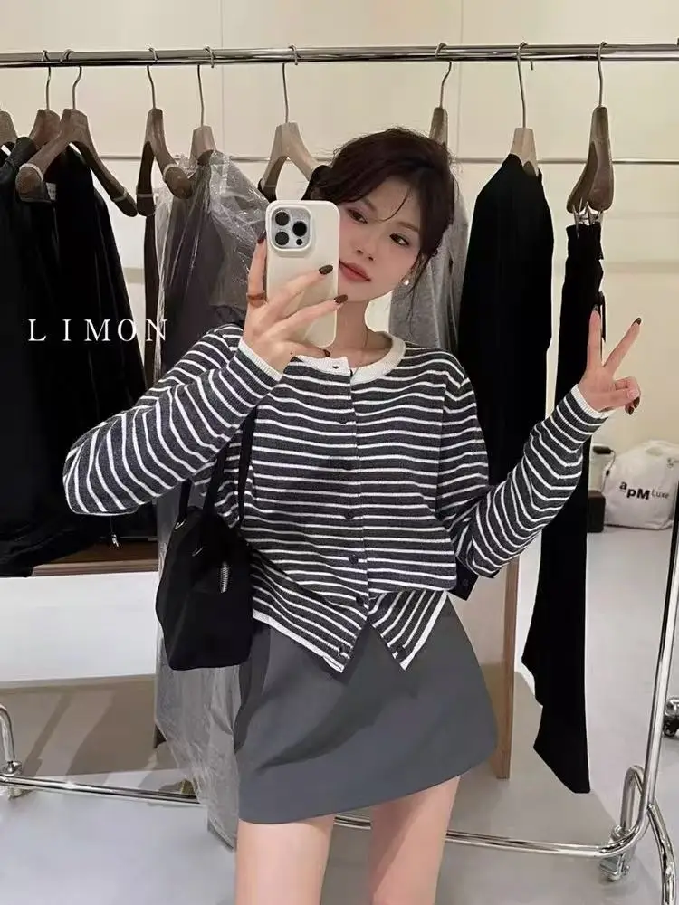 

Женский трикотаж, свитер из 100% мериносовой шерсти с круглым вырезом, свободный повседневный кашемировый кардиган в полоску, весна-осень, мягкая теплая кашемировая одежда