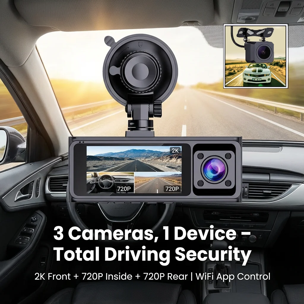 3CH 2K Mini Dash Cam Front Inside Rear Triple Car Camera WiFi Free App G-Sensor Loop Recording Support 24H Parking Mode