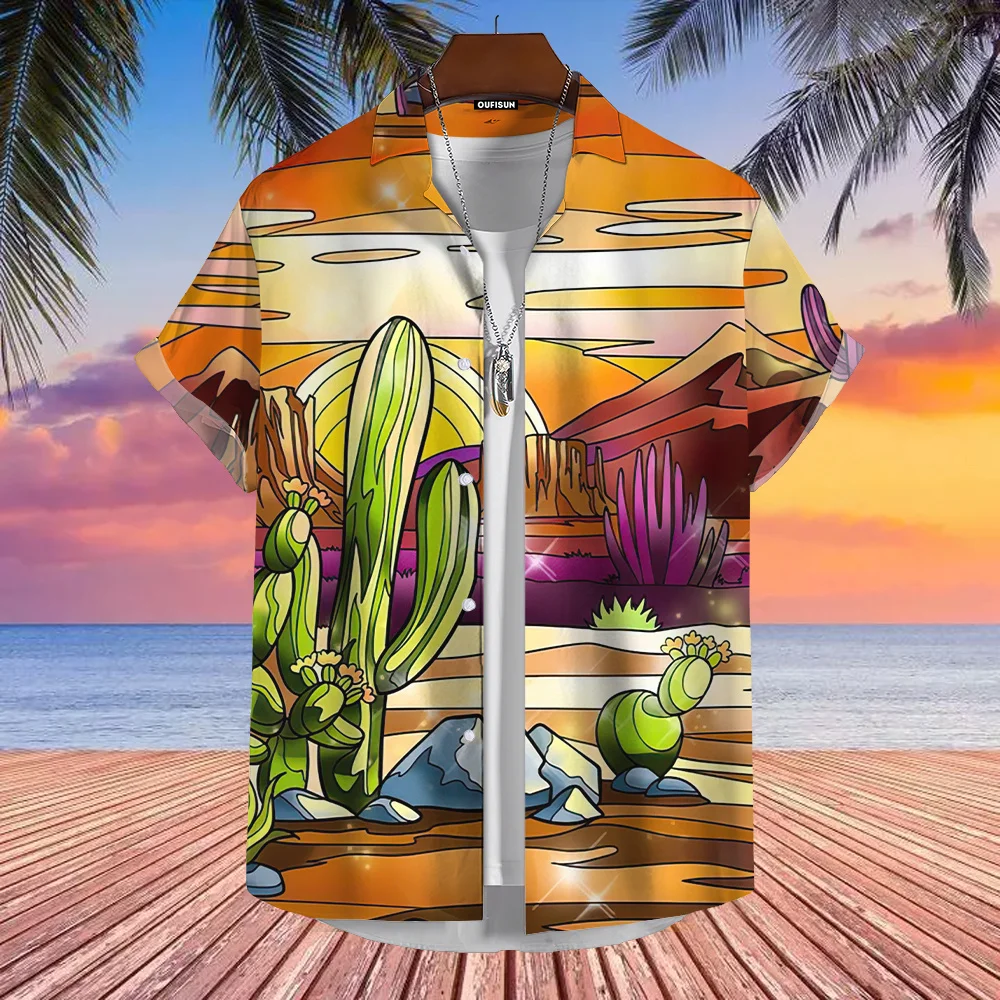 Desert Cactus Shirt For Men 3D Print Summer Hawaiian Harajuku Fashion Shirt Top Blouse Short Sleeves Street Vacation Beachwear