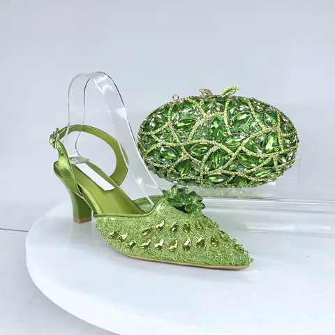 INSIGHTLINK Newest Rose Red Color Pumps Women High Heels with Rhinestones Flower Design Sandals Party Women's Shoes and Bags Set