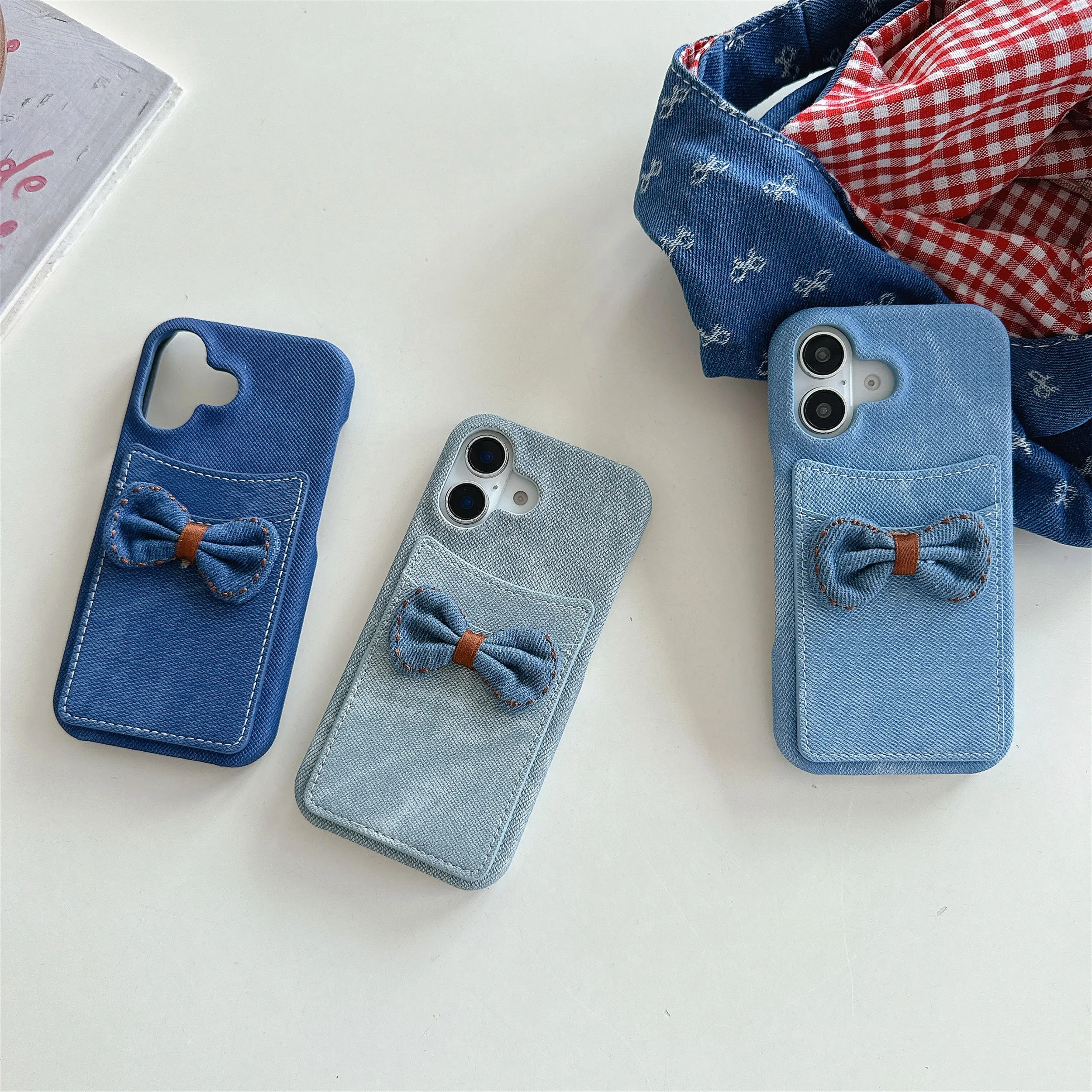 

Retro Denim Bow Card Case Hard Back Cover for iPhone 11 12 13 14 14Plus 15 16 Promax, 16Plus, 16E Phone Protect Cases Shell Skin